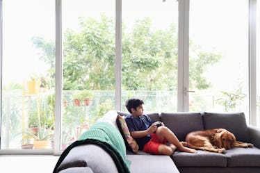 一个男孩独自在家,在他的金毛猎犬旁万博体育app安卓版下载边的沙发上玩电子游戏。