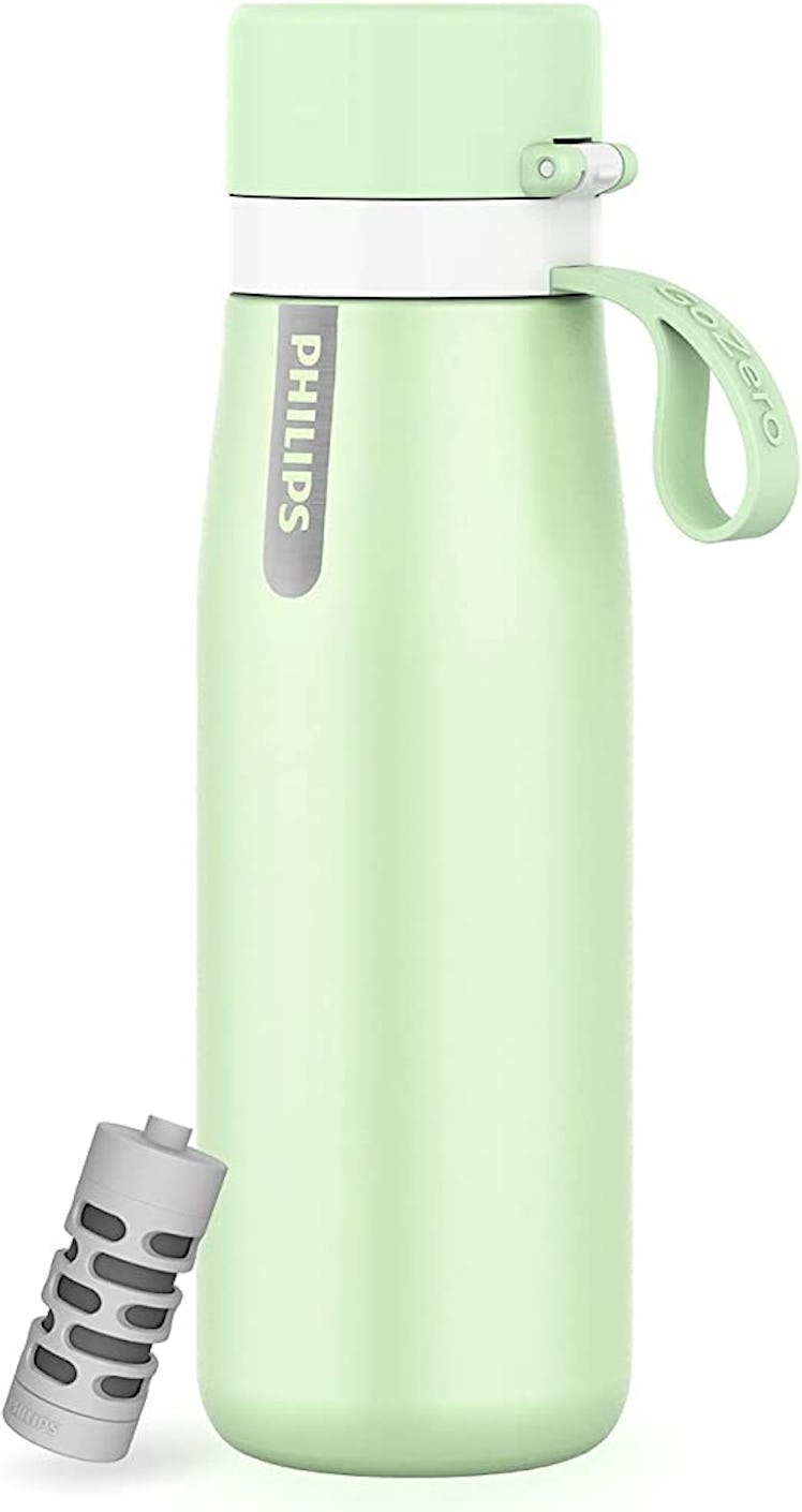 Philips Water GoZero is a stainless steel filtered water bottle with a protective cap.