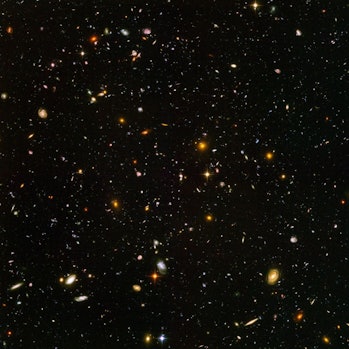 This view of nearly 10,000 galaxies is called the Hubble Ultra Deep Field. 