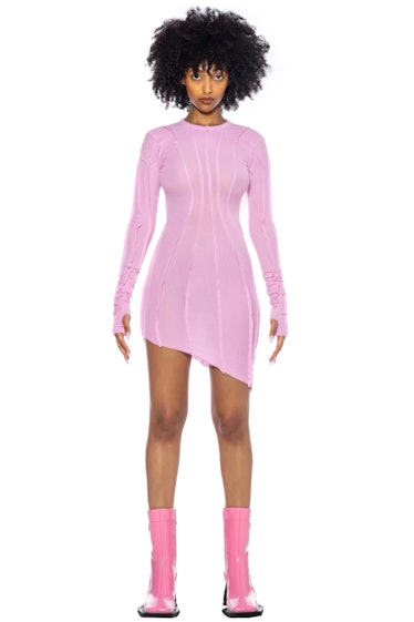 Asymmetric Long Sleeve Mini Dress In Pink