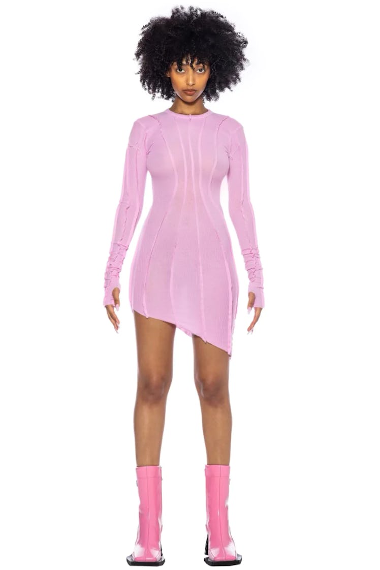 Asymmetric Long Sleeve Mini Dress In Pink