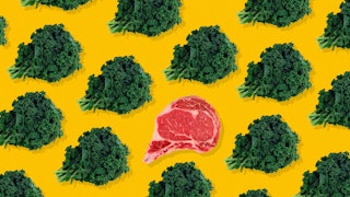  A collage of raw steak in the middle of various rows of broccoli