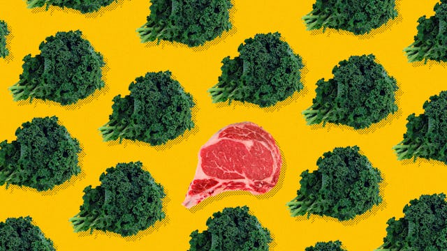 A collage of raw steak in the middle of various rows of broccoli