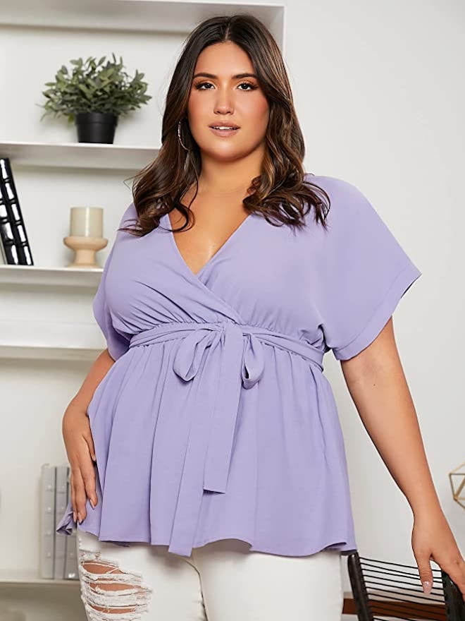 Romwe Tie Peplum Wrap Blouse