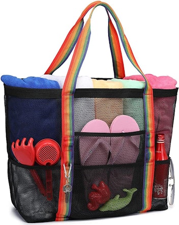 F-color Mesh Beach Bag Oversized Beach Tote 9 Pockets Beach Toy Bag best mesh beach bag money can bu...
