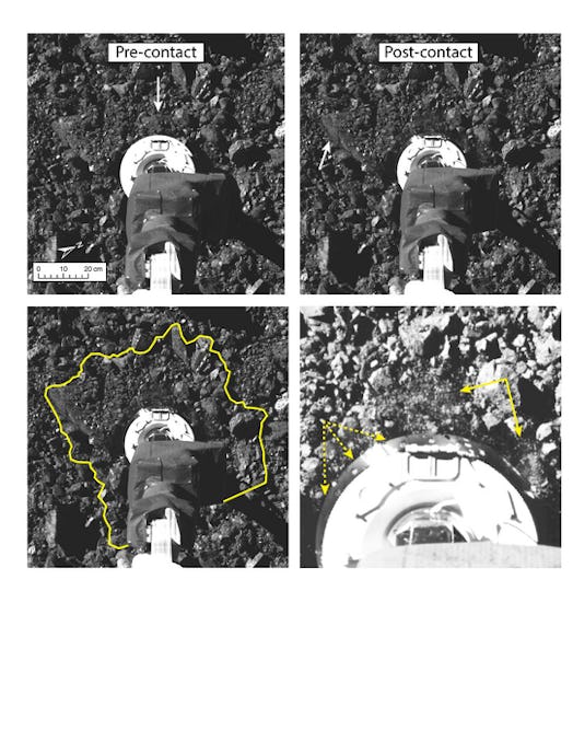 The images immediately before and after OSIRIS REx’s contact with Bennu. They show that in the appro...