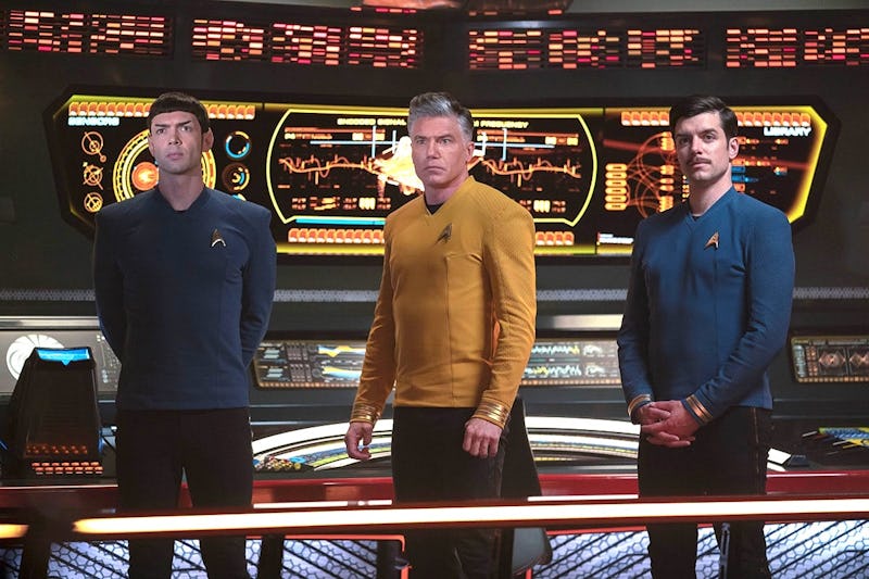 Ethan Peck, Anson Mount and Dan Jeannotte as Spock, Pike and Sam Kirk.