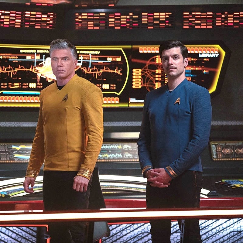 Ethan Peck, Anson Mount and Dan Jeannotte as Spock, Pike and Sam Kirk.