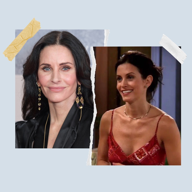 Courteney Cox solo in 2022, and starring as Monica Geller in 'Friends'