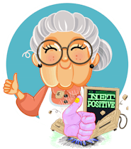 Net positive logo next to illustration of granny giving a thumbs up.