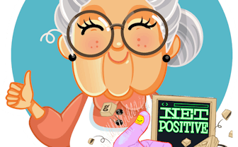 Net positive logo next to illustration of granny giving a thumbs up.