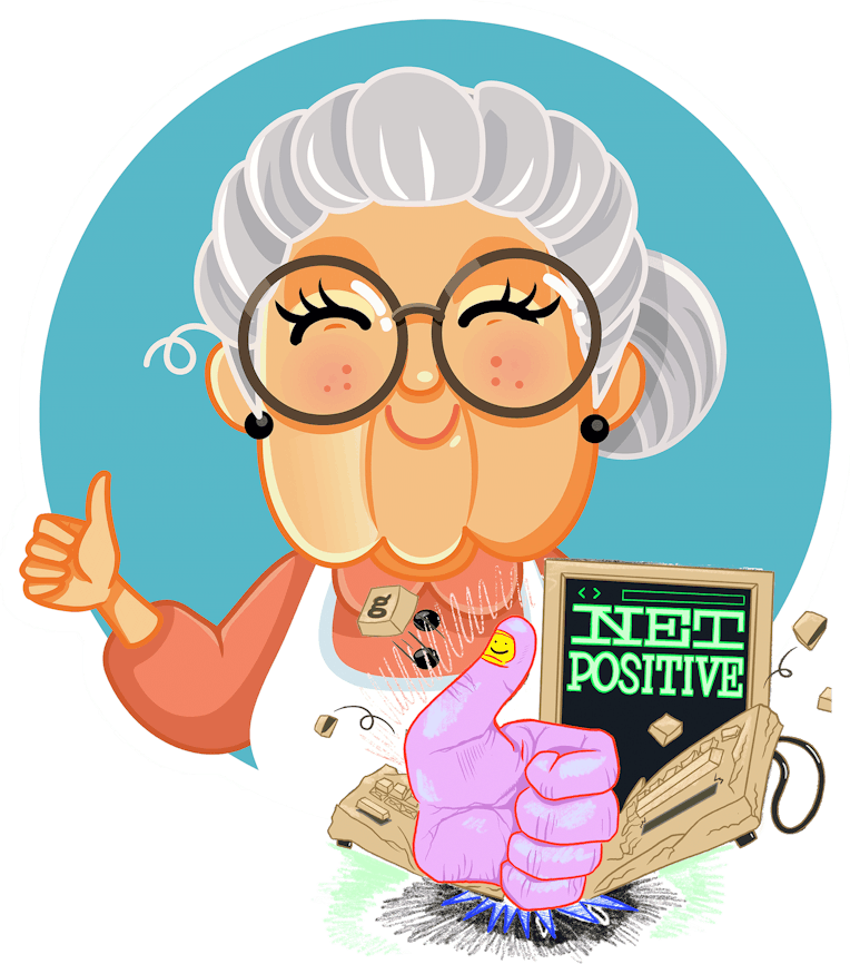 Net positive logo next to illustration of granny giving a thumbs up.