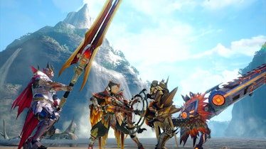Characters using the dual blades build in the monster hunter rise expansion sunbreak