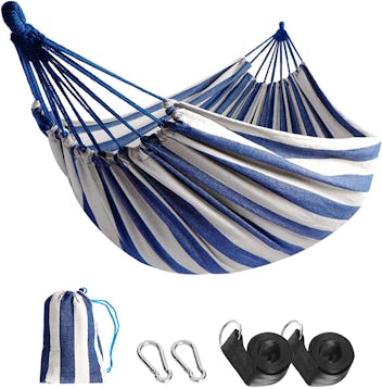 Blue and white striped Anyoo hammock, an affordable patio decor find