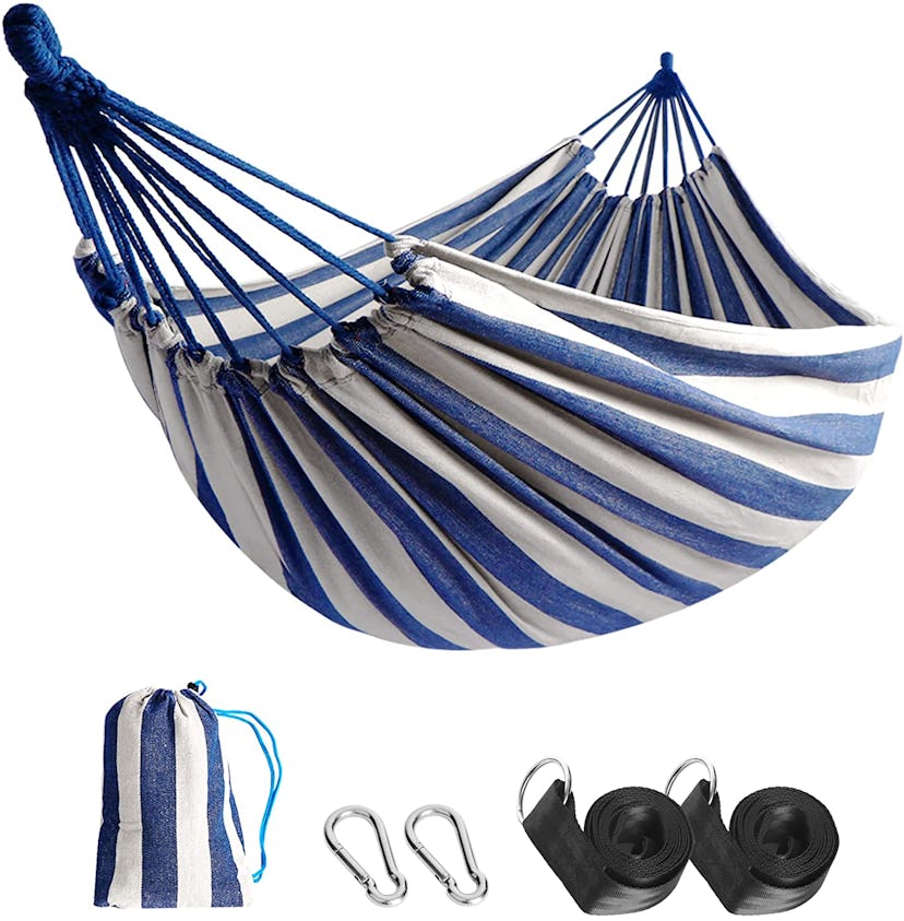 Blue and white striped Anyoo hammock, an affordable patio decor find