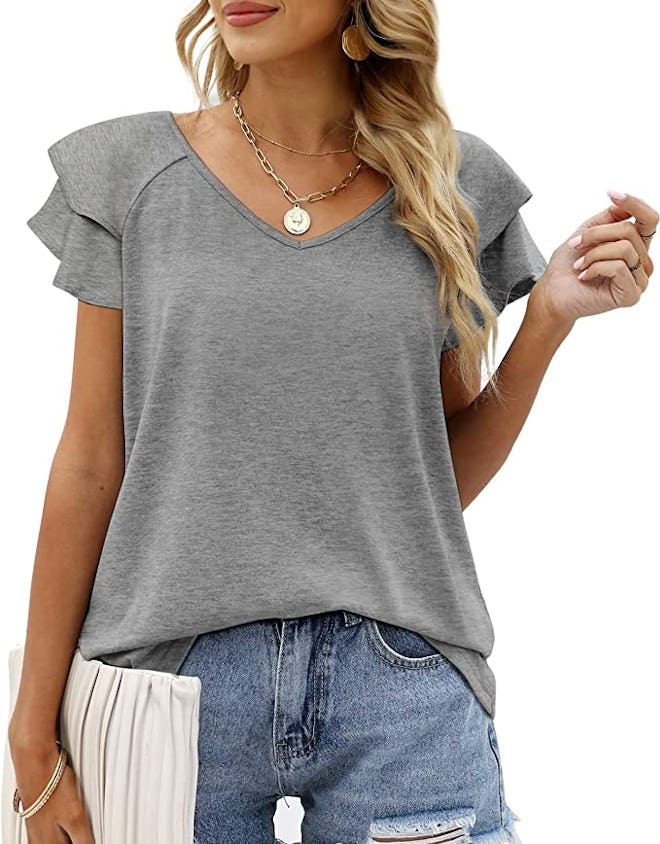 OFEEFAN Ruffle Sleeve V Neck T Shirt