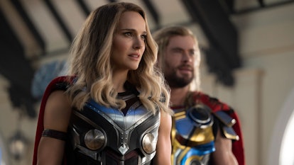 Natalie Portman and Chris Hemsworth as The Mighty Thor and Thor in Thor: Love and Thunder