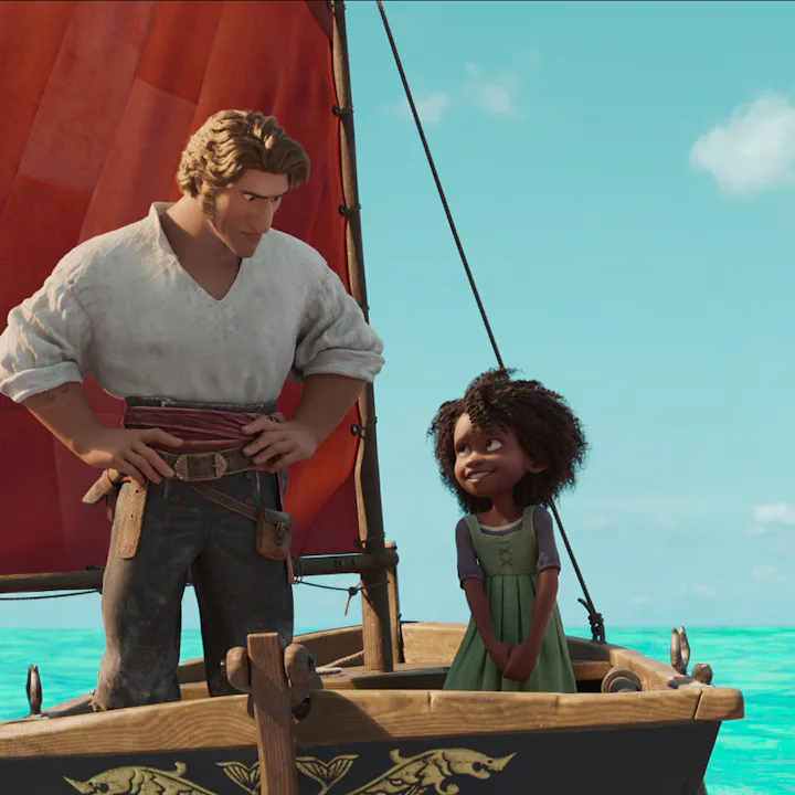 Karl Urban as Jacob Holland and Zaris-Angel Hator as Maisie Brumble in Netflix's 'The Sea Beast.'