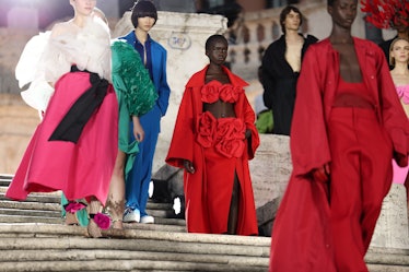 Models walk on the runway at the Valentino haute couture fall/winter 22/23 fashion show on July 08, ...