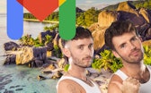 Eric Schwarau and Steven Phillips-Horst in tank tops in front of an exotic landscape with a gmail lo...