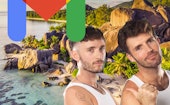 Eric Schwarau and Steven Phillips-Horst in tank tops in front of an exotic landscape with a gmail lo...