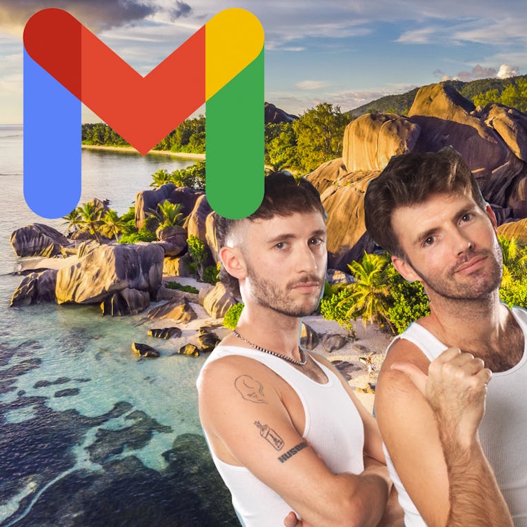 Eric Schwarau and Steven Phillips-Horst in tank tops in front of an exotic landscape with a gmail lo...