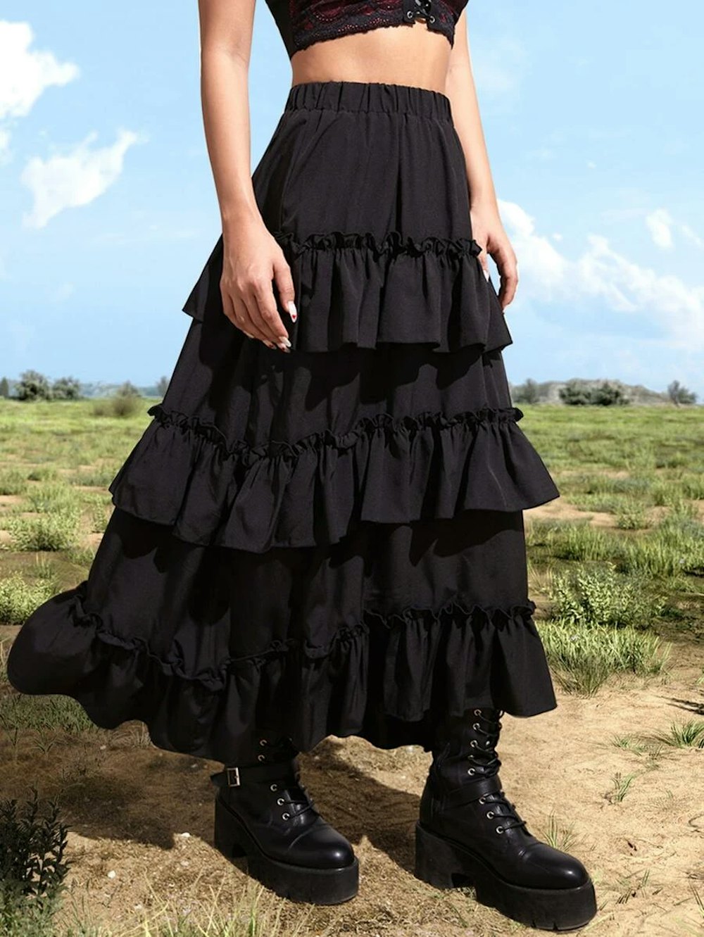 Goth Solid Ruffle Hem Layered Skirt