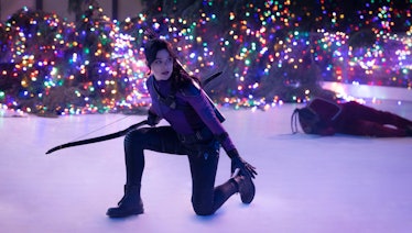 Kate Bishop (Hailee Steinfeld) crouches on an ice rink in Hawkeye Episode 6