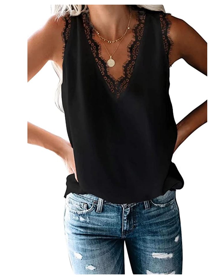 BLENCOT Lace Trim V Neck Tank Top