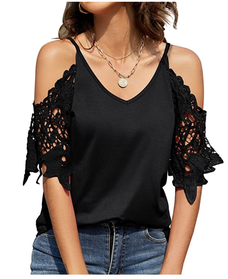 TFSDOD V Neck Lace Cut Out Top