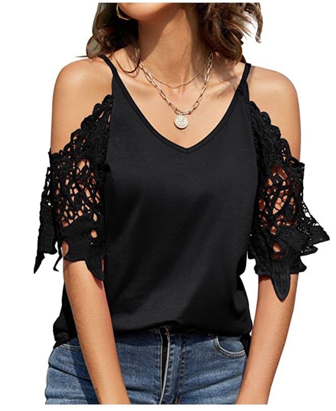 TFSDOD V Neck Lace Cut Out Top
