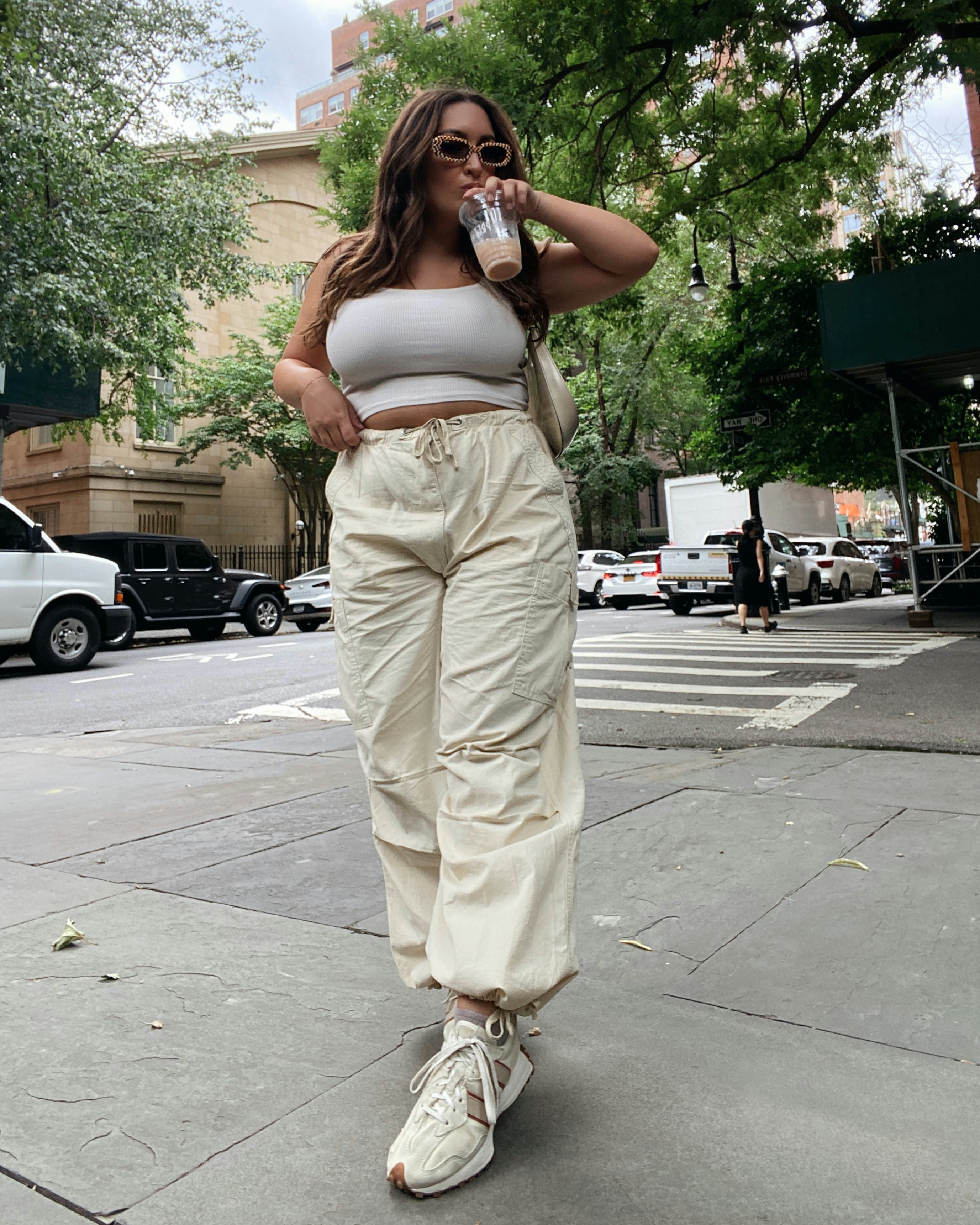 beige parachute pants outfit inspo