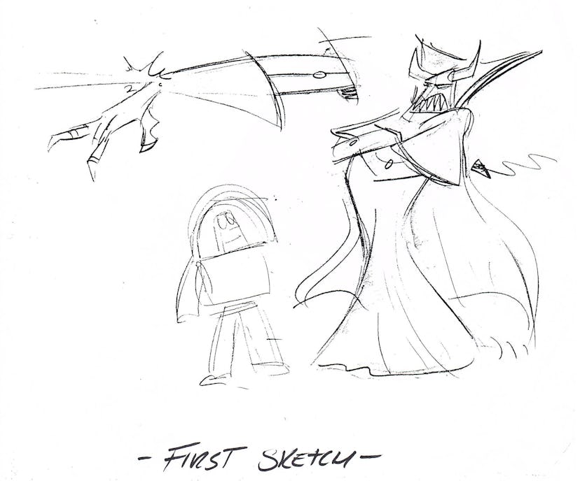 The very first drawing of Emperor Zurg, drawn by Ken Mitchroney (Buzz sketch by Ash Brannon) 