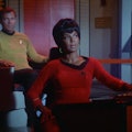 Lt. Uhura (Nichelle Nichols) and Captain Kirk (William Shatner) in "Balance of Terror."