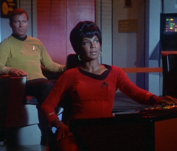 Lt. Uhura (Nichelle Nichols) and Captain Kirk (William Shatner) in "Balance of Terror."