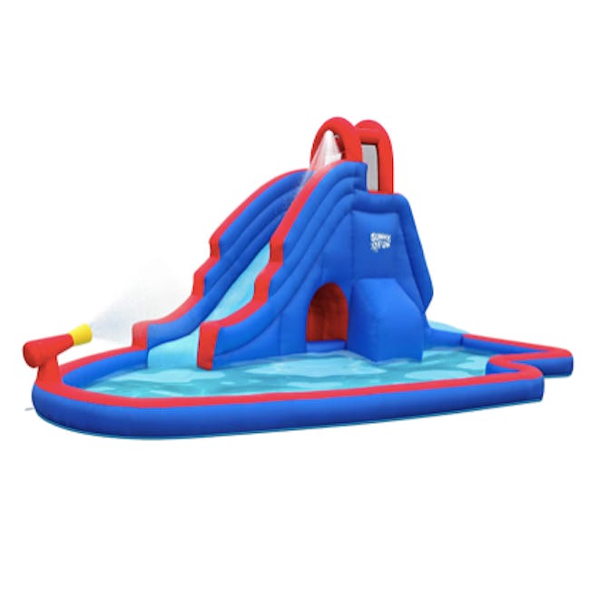 The Sunny & Fun Slide ‘N Spray Inflatable Water Slide has a built-in lounging pool and two water spr...