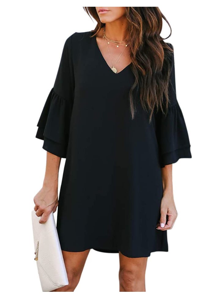 BELONGSCI  V-Neck Bell Sleeve Shift Dress