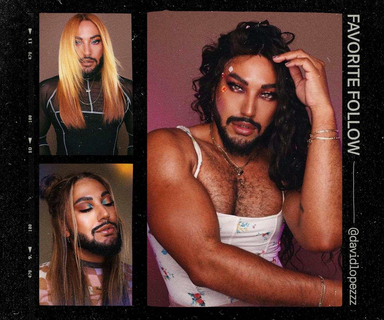 Three pictures of David Lopez wearing stylish wigs and extravagant makeup