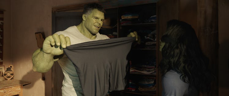 The Hulk holds up a pair of spandex shorts in She-Hulk: Attorney at Law