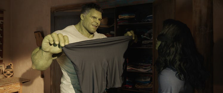 The Hulk holds up a pair of spandex shorts in She-Hulk: Attorney at Law