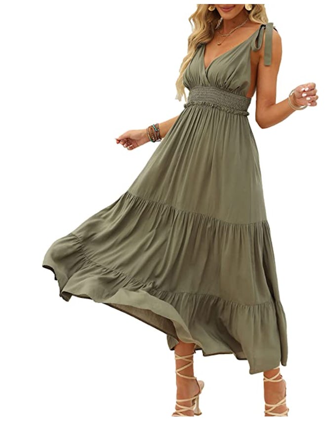 DEEP SELF V Neck Tie Strap Maxi Dress