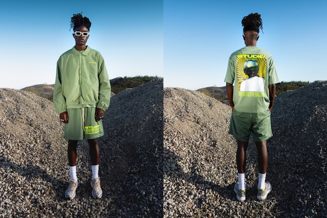 Supervsn Studios Green set of long sleeve shirt and shorts with big picture on the back.