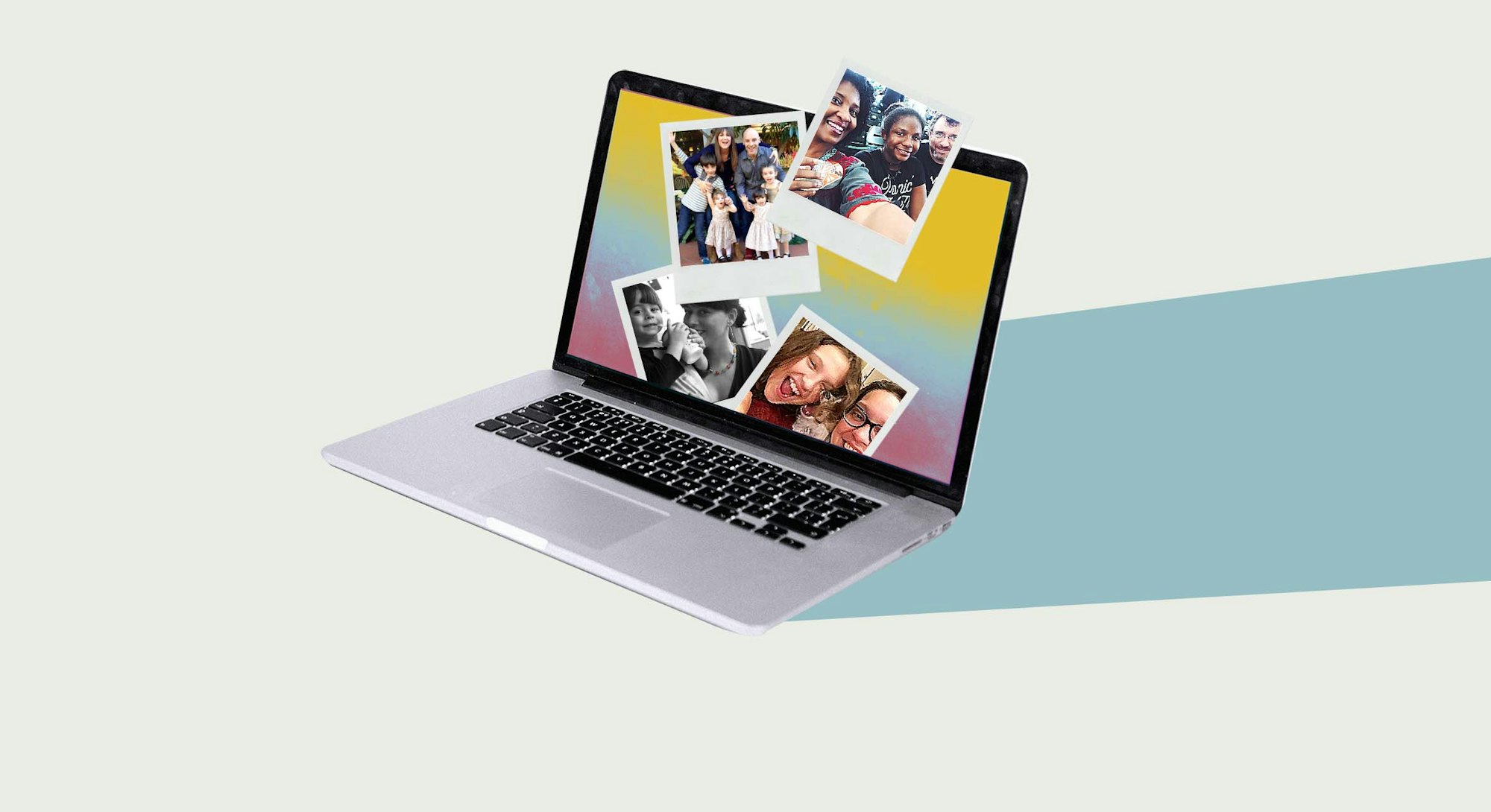 A laptop with celluloid pictures of families posted on its screen