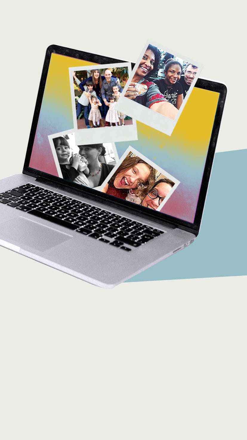 A laptop with celluloid pictures of families posted on its screen