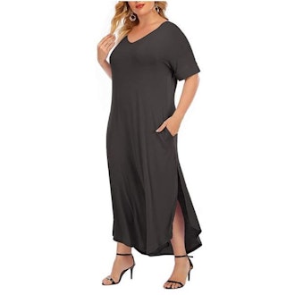 This T-shirt dress has a maxi length with a side slit, and is made of soft rayon and spandex 