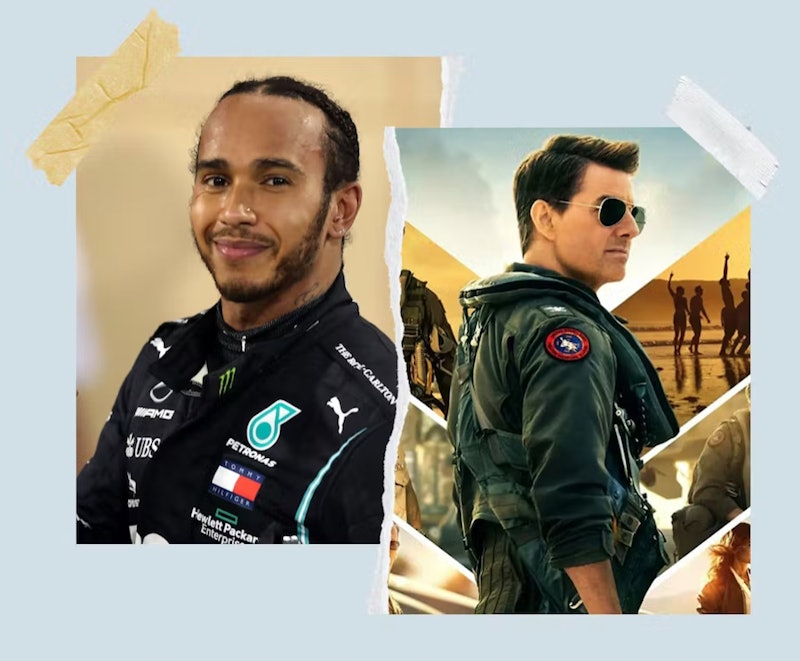 Lewis Hamilton at a F1 event, Tom Cruise on the 'Top Gun: Maverick' promo poster