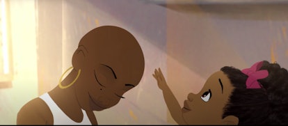A scene from the short film, "Hair Love", featuring Zuri and her mother, whose head is bald.