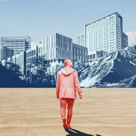 Man with regained confidence walking towards his place of work.