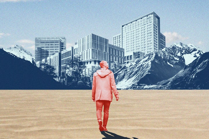 Man with regained confidence walking towards his place of work.