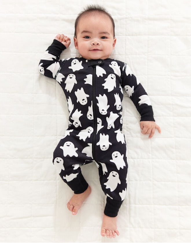 Little ghosts make a super cute pattern for Halloween pajamas for baby.